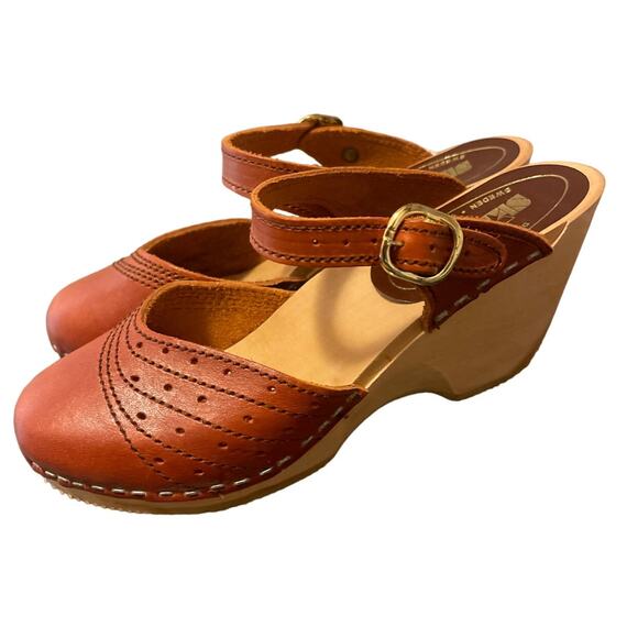 Skandals Sweden New York Vintage 60s 70s Bohemian Leather Cut Out Round Toe Wood - Picture 10 of 10